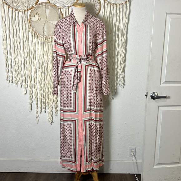 BODEN Maxi Shirt Dress in Almond Pink Square Geometric Size 10R - Picture 2 of 15